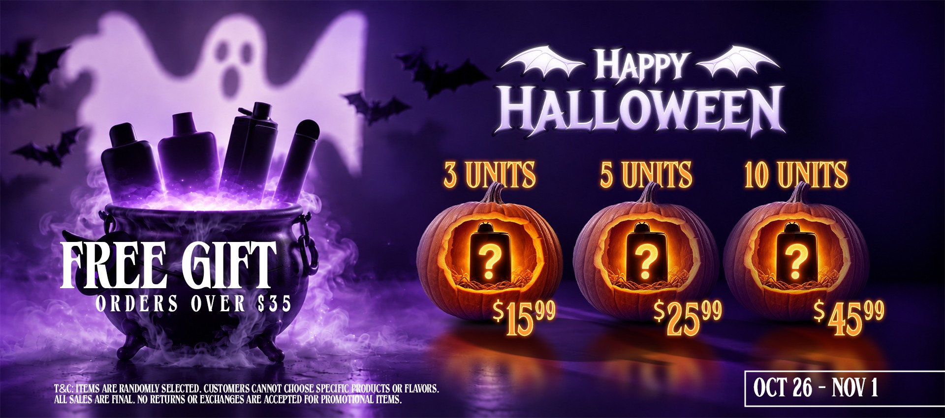 Halloween Mystery Items: 3 units $15.99, 5 units $25.99, 10 units $45.99. Free gift on orders over $35. Items are randomly selected; all sales final.